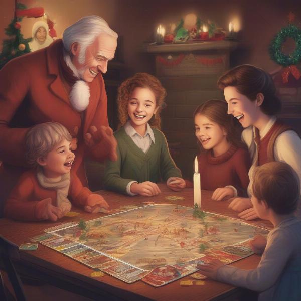 Family Playing A Christmas Carol Board Game