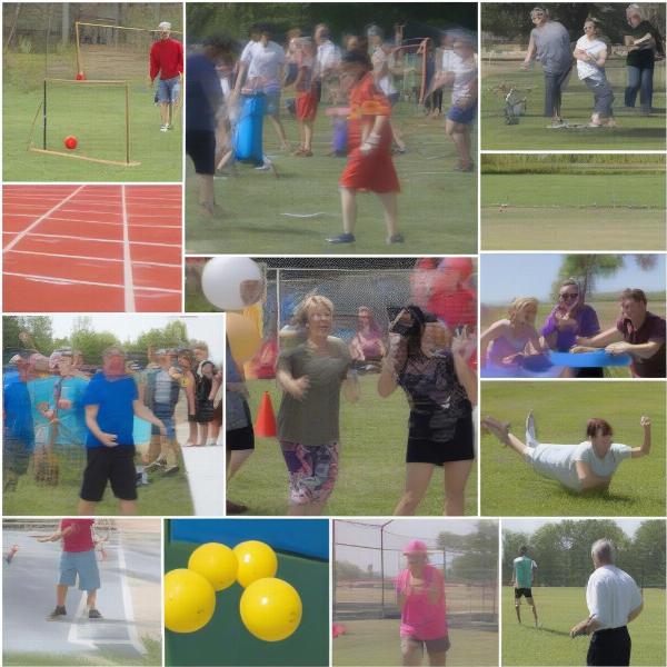 A collage showing various adult field day games, highlighting the diversity and fun of the events.