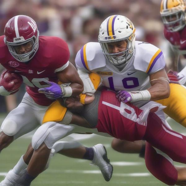 Key Players in Alabama LSU Matchup: Two opposing players vying for the ball.