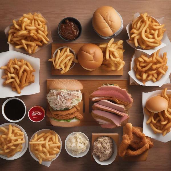 Various Arby's menu items including roast beef, curly fries, and other sandwiches.