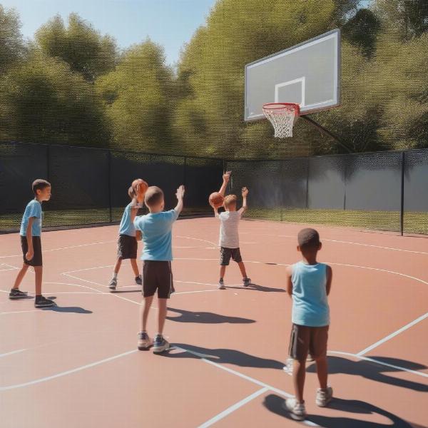 Youth basketball players participating in an around the world shooting drill