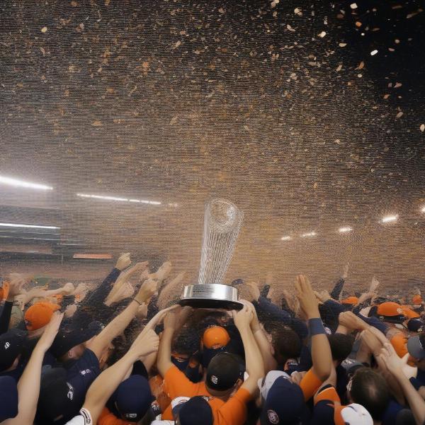 Houston Astros celebrate with the World Series trophy