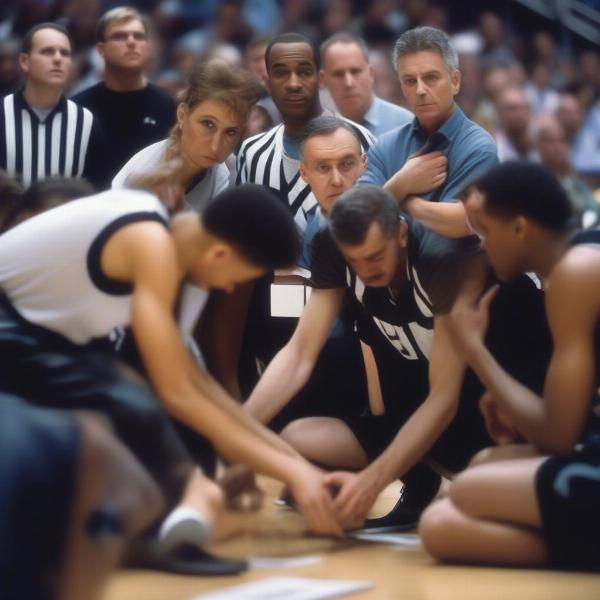 Officials Reviewing a Play in College Basketball
