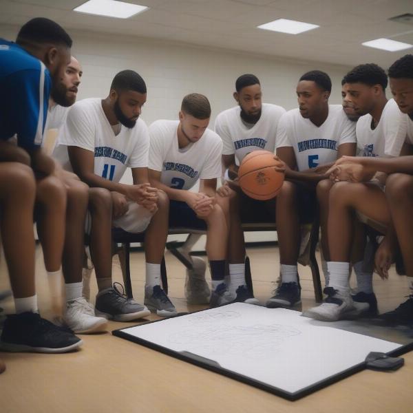 Basketball Team Discussing Strategy in Huddle