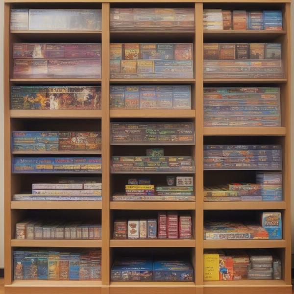 Organized Board Game Shelf with Labeled Categories