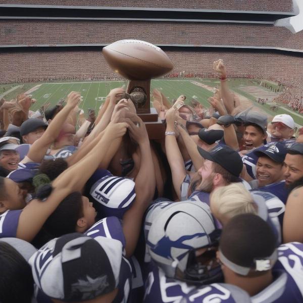 Players receiving the championship trophy after winning a bowl game