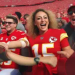Brittany Mahomes cheering at Arrowhead Stadium during a Chiefs game