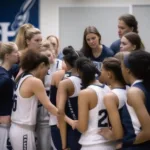 BYU Women's Basketball Team Huddles During Timeout