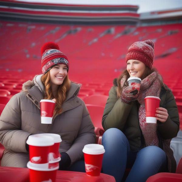 Kansas City Chiefs fans enjoying hot drinks at a cold weather game.