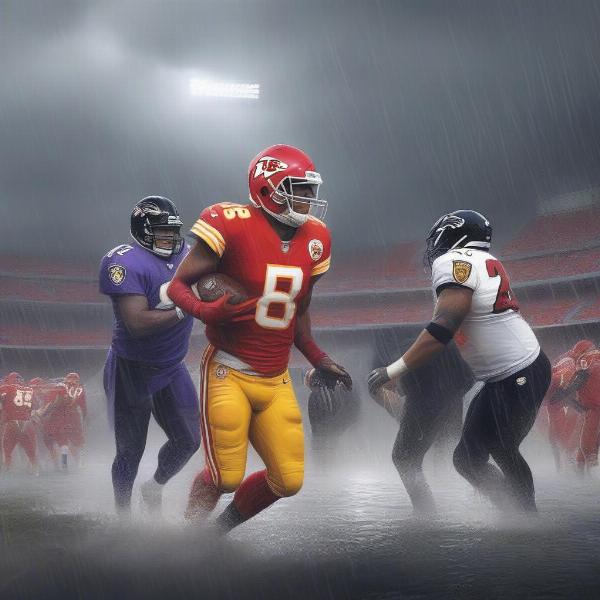 Chiefs and Ravens Players in a Rain-Soaked Game