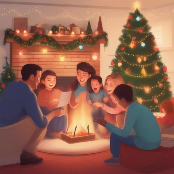 Family Playing Christmas Song Picture Game Around Fireplace