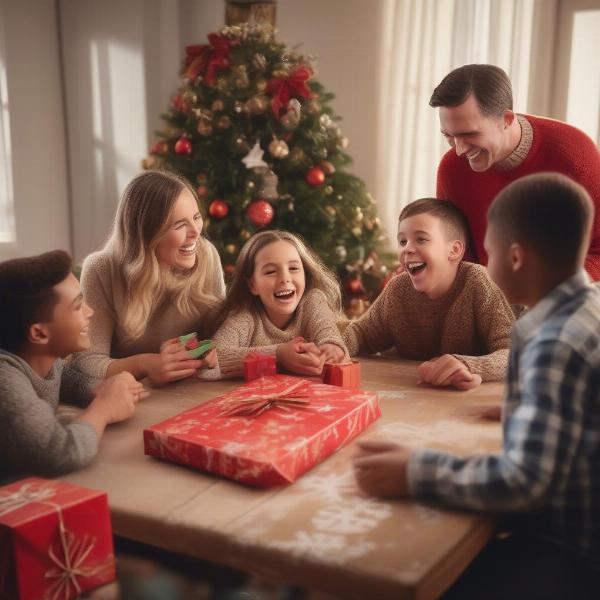 A family playing a fun Christmas left-right game.