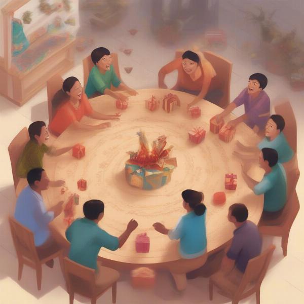 People sitting in a circle passing a Christmas gift, laughing.