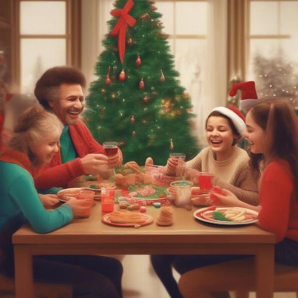 A family gathered around a table, playing Christmas games and enjoying festive snacks and drinks.