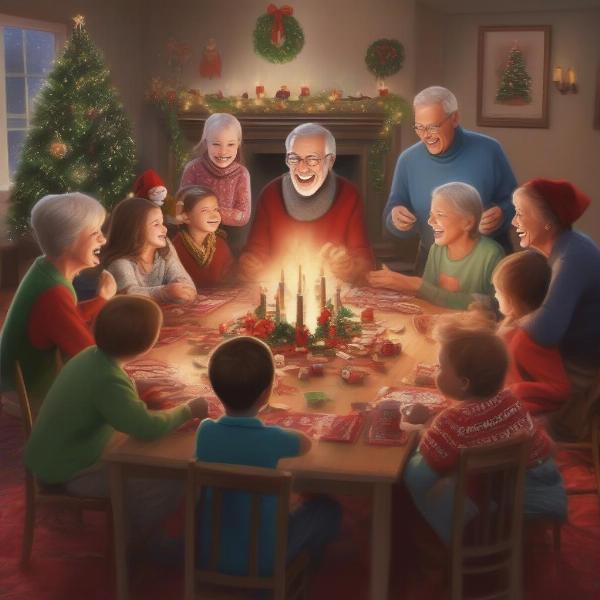 Family enjoying a game of Left Right Christmas story game