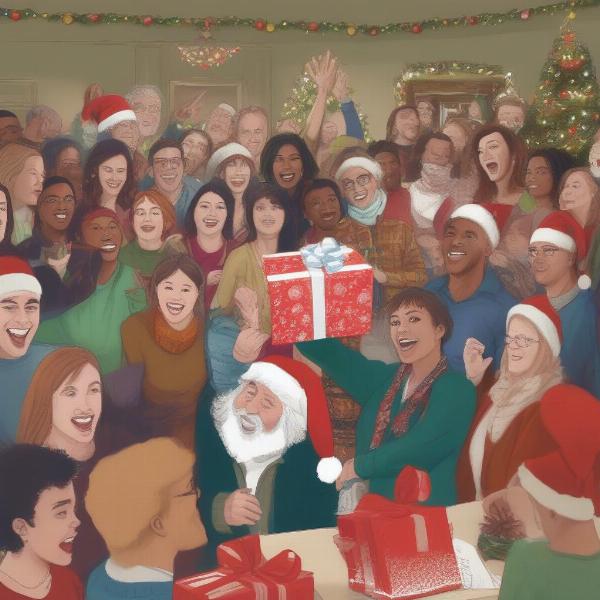 Large group playing the Christmas Left Right Game at a party