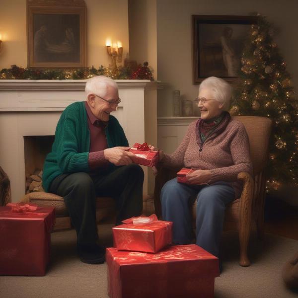 Elderly couple playing a variation of the Christmas Left Right Game