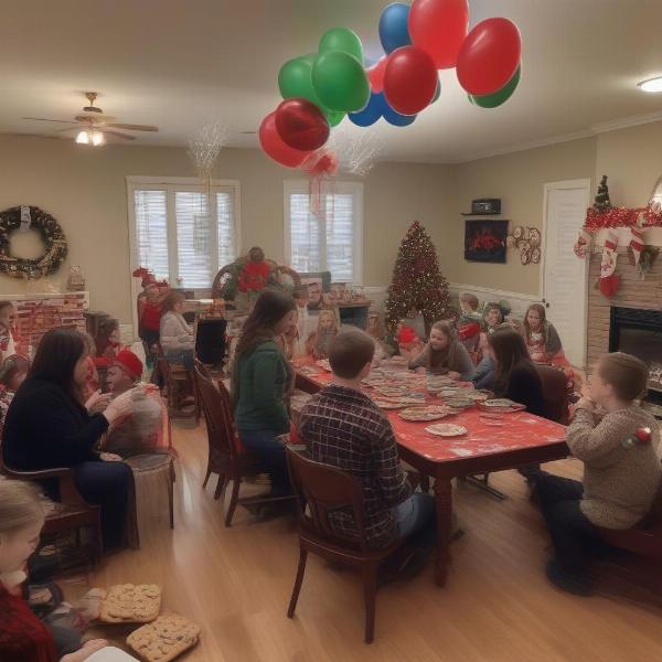 Christmas Minute to Win It party setup with decorations and games.