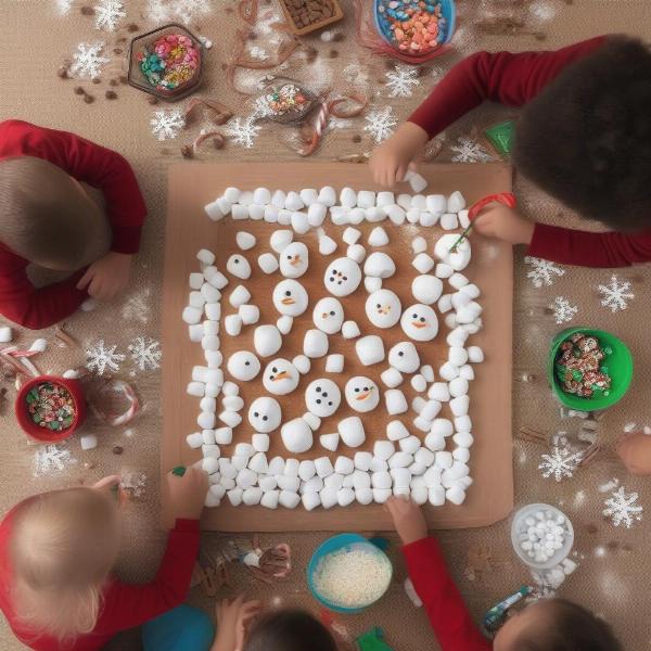 Children building snowmen in Christmas Minute to Win It game.