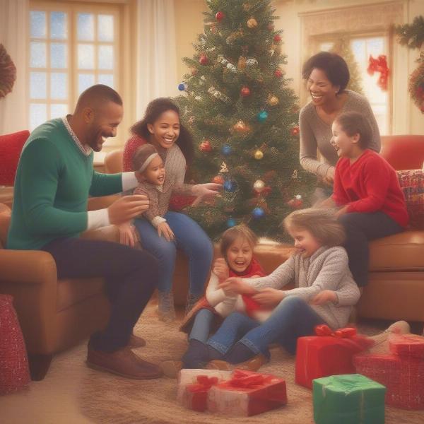 A heartwarming image of a family playing a Christmas game together