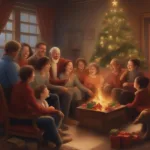 A festive illustration depicting players enjoying a left-right Christmas story game