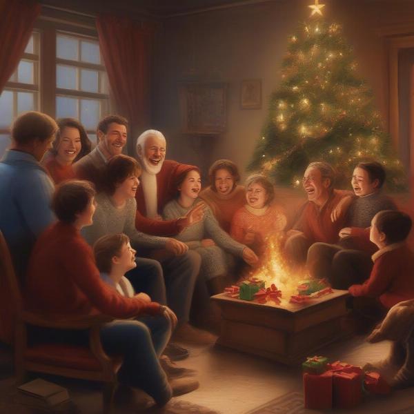 A festive illustration depicting players enjoying a left-right Christmas story game