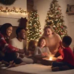 Family playing the Would You Rather Christmas game around the fireplace
