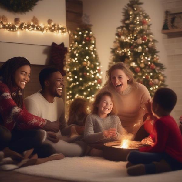 Family playing the Would You Rather Christmas game around the fireplace