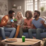 College Football Fans Playing Video Games - Friends gather around a TV, excitedly playing a college football video game.