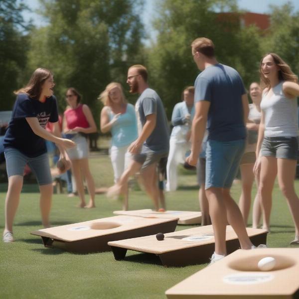 Cornhole game being played outdoors