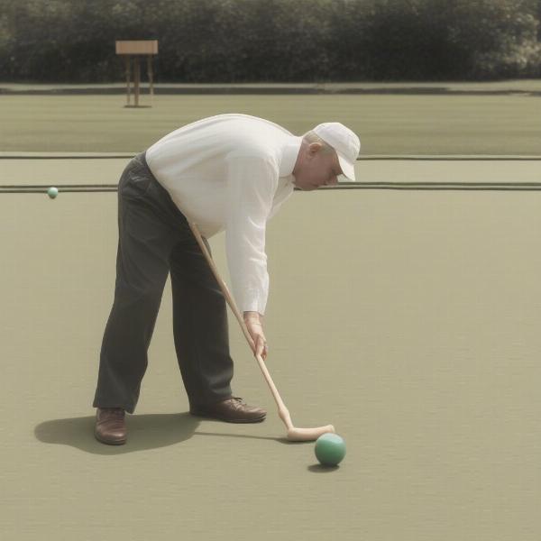 Croquet Player Strategically Aiming and Taking a Shot