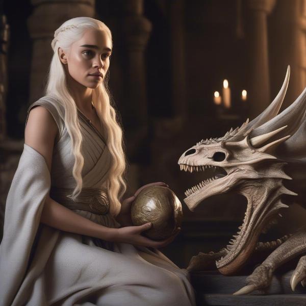 Daenerys Targaryen and a dragon skull