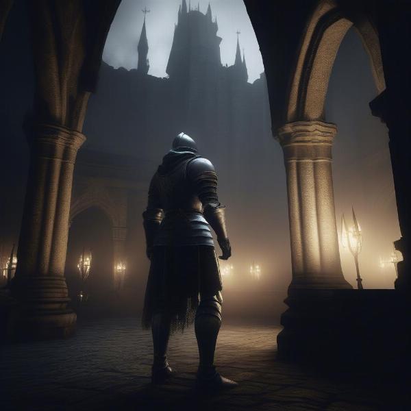 Demon's Souls PS5 Remake Graphics: A Knight Standing in a Dark Castle