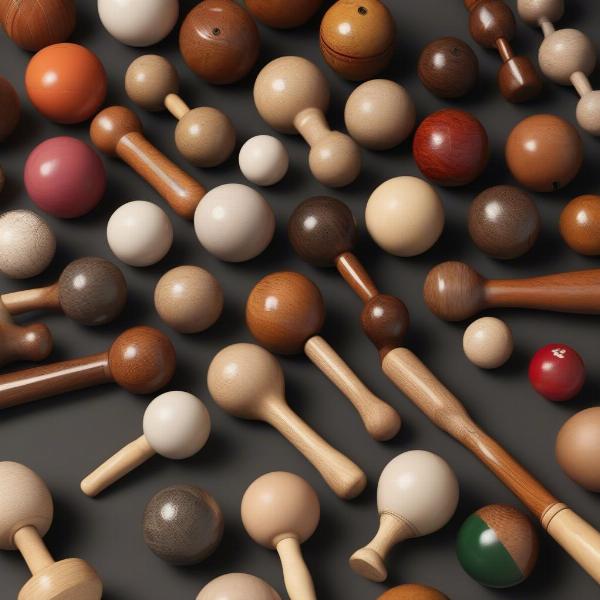 Various Croquet Mallets and Balls Showing Different Sizes and Materials