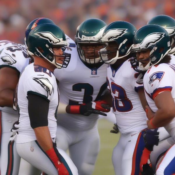 Eagles and Giants players clashing during an intense NFL rivalry game