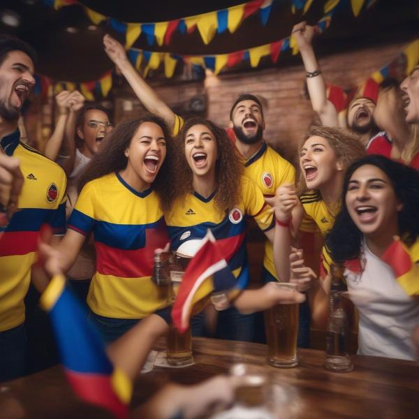Enjoying Colombia Soccer Match with Friends at a Bar