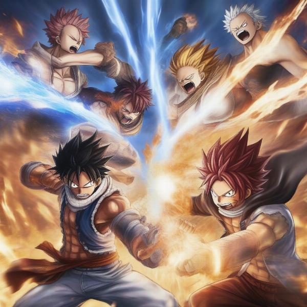 Fairy Tail members in a tag team battle during the Grand Magic Games.