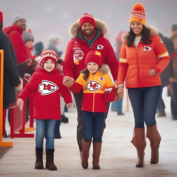 A family bundled up for a cold weather Kansas City Chiefs game.