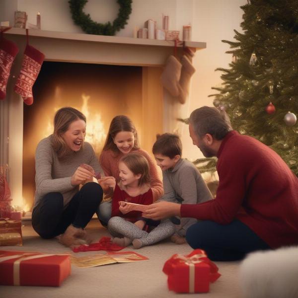 Family Playing Christmas Pass the Gift Story Game