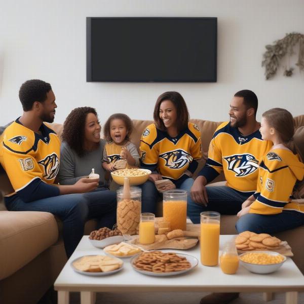 Family Watching Predators Game at Home