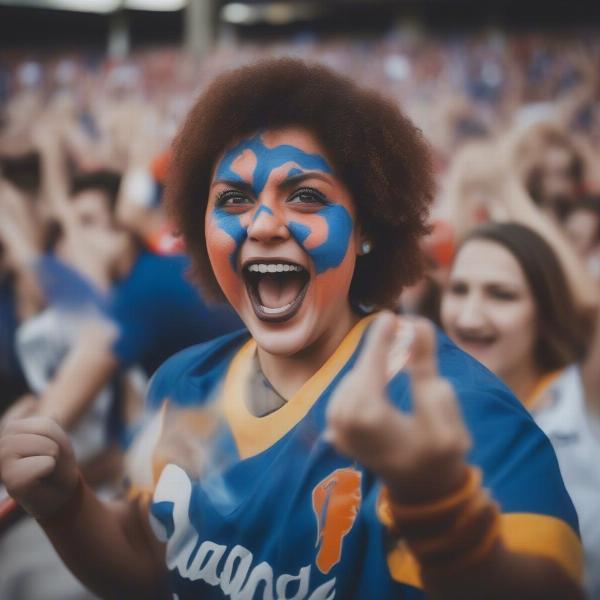 Football fan wearing team jersey and cheering enthusiastically