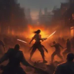 Fire Katana Slaying Zombies in a Post-Apocalyptic City
