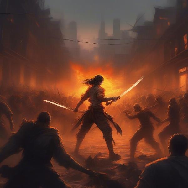 Fire Katana Slaying Zombies in a Post-Apocalyptic City