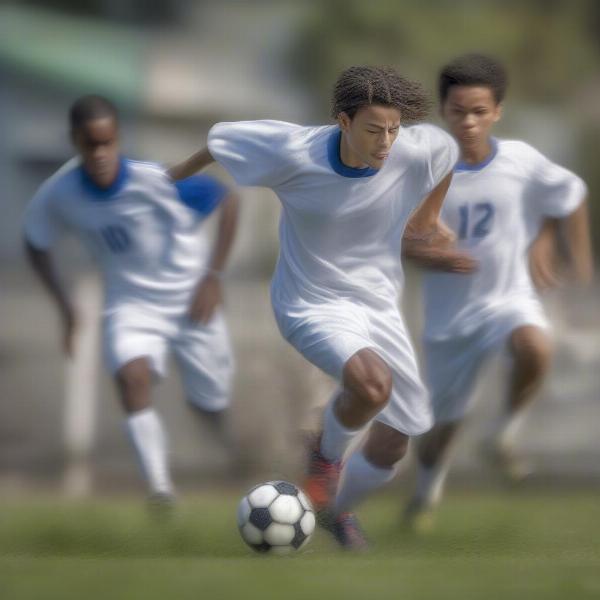 Football player skillfully dribbling past defenders in a display of artistry, epitomizing why football is called the beautiful game.