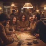 Friends playing board games in French cafe