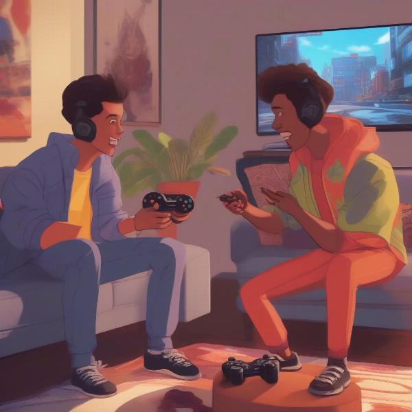 Two friends discussing video games in French
