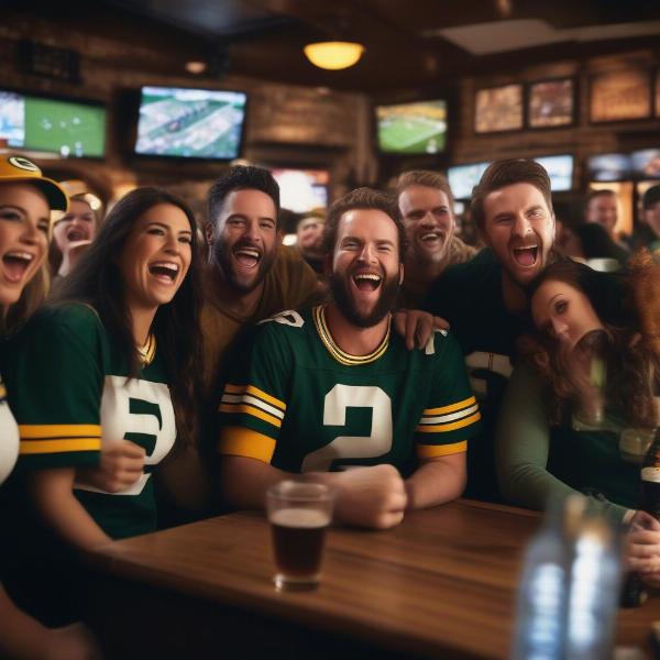Friends watching the Green Bay Packers game at a sports bar