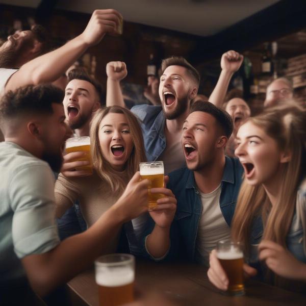 Friends Watching UK Football at a Pub on Saturday