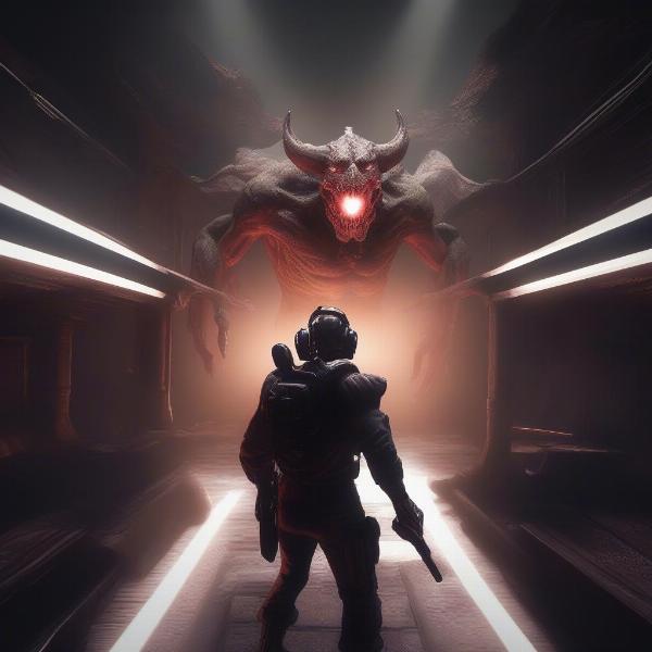 A player wearing a VR headset encounters a demon in a future Doom game