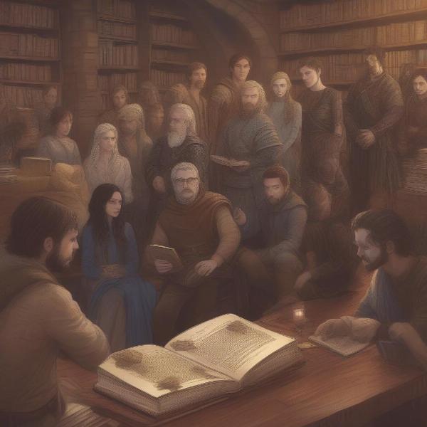 Group of Game of Thrones fans engaged in a lively discussion about the books, surrounded by copies of the novels